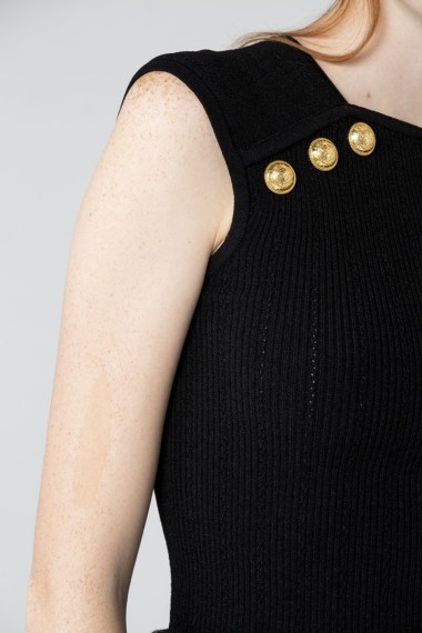 Top corto in maglia nera eco-design con bottoni dorati